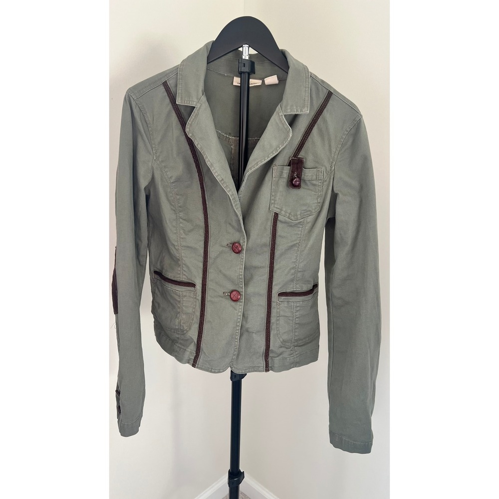 DKNY Jeans Olive Green Utility Blazer Jacket Brown Trim Elbow Patches Size M